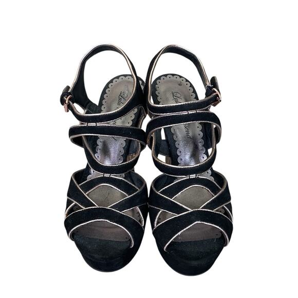 Lulu Townsend High Heeled Faux Suede Strappy Platform Sandals Black Gold 6 M - Picture 1 of 8
